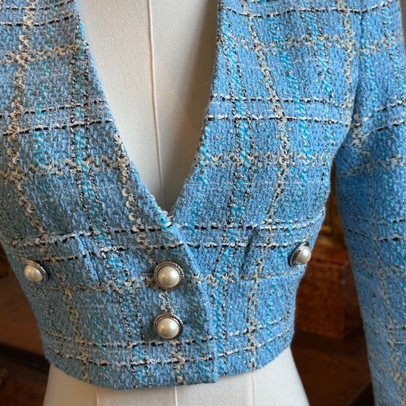 ALESSANDRA RICH light blue Checked Tweed Cropped Jacket size 0 *LIKE NEW - Picture 3 of 16